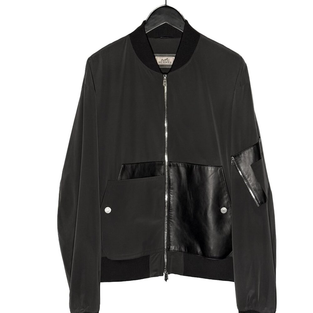 Hermès Black Leather Detailed Rib-Trim Jacket